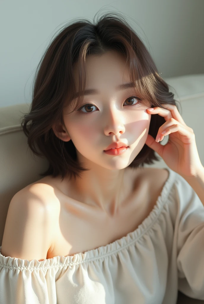 ((1 Female:1.5)),(Natural white skin:1.5), ((Sitting on the couch:1.5)), Milk tea colored hair, Very short hairstyle,(Milk tea hair color, Very short hairstyle:1.5))((Upper body close-up)) (photo Realistic:1.4), (hyper Realistic:1.4), (Realistic:1.3), (Gentle, smooth lighting during the day:1.05), (Improve the quality of natural lighting indoors:0.9), 32K, One girl,20 year old girl, Realistic lighting, Soft light backlight, Light on the face, Ray-tracing, (Gentle daytime light:1.2), (Improvement of quality:1.4), (Highest qualityのリアルテクスチャスキン:1.4), Detailed drawn eyes, Detailed painted face, Quality Eyes, (Tired, sleepy and satisfied:0.0), Highest quality、Complex CGI、Highly detailed face, (Enhances the beauty of skin texture:1.1)((The background is a bright white studio:1.5)),Sitting on the couch:1.5