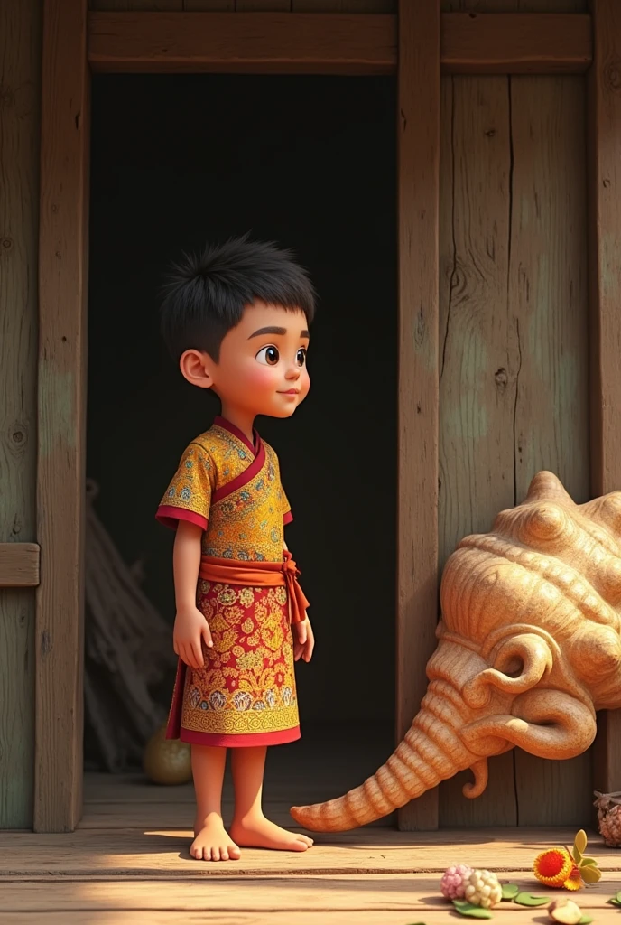 The boy wearing a kumarn thong outfit stands next to a conch shell in the wooden house.