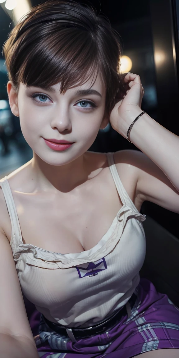 Photo oF a 17-year-old European girl, .RAW, beautiful woman,freckles on cheeks ,beautiful blue eyes(Light brown hair pixie haircut),pixie hair cut ((portrait)), ((detailed face:1.2)), ((detailed facial features)), (finely detailed skin), Pale skin,park, london ferris wheel、Purple sleeveless t-shirt with skull image ,big breasts , lilac skirt with checkered images, Loose white belt, Long boots with heels ,cute makeup, Purple eyeshadows on eyelids ,a sexy one(cool color), humid, humid, Reflectors, (Tabletop) (perfect proportions)(Realistic photos)(The best quality) (detailed) photographed with a Canon EOS R5, 50mm lens, f/2.8, NffSW, (8k) (wallpaper) (cinematic lighting) (Dramatic lighting) (Sharp focus) (Convoluted) Nice smile , happy , playing electric guitar , medium breasts , purple eye shadow