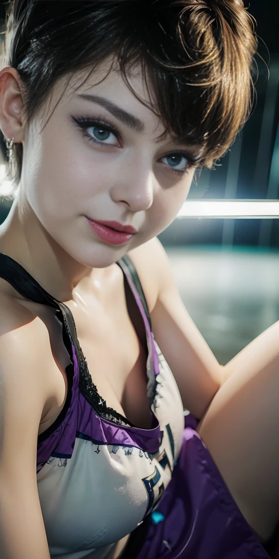 Photo oF a 17-year-old European girl, .RAW, beautiful woman,freckles on cheeks ,beautiful blue eyes(Light brown hair pixie haircut),pixie hair cut ((portrait)), ((detailed face:1.2)), ((detailed facial features)), (finely detailed skin), Pale skin,park, london ferris wheel、Purple sleeveless t-shirt with skull image ,big breasts , lilac skirt with checkered images, Loose white belt, Long boots with heels ,cute makeup, Purple eyeshadows on eyelids ,a sexy one(cool color), humid, humid, Reflectors, (Tabletop) (perfect proportions)(Realistic photos)(The best quality) (detailed) photographed with a Canon EOS R5, 50mm lens, f/2.8, NffSW, (8k) (wallpaper) (cinematic lighting) (Dramatic lighting) (Sharp focus) (Convoluted) Nice smile , happy , playing electric guitar , medium breasts , purple eye shadow