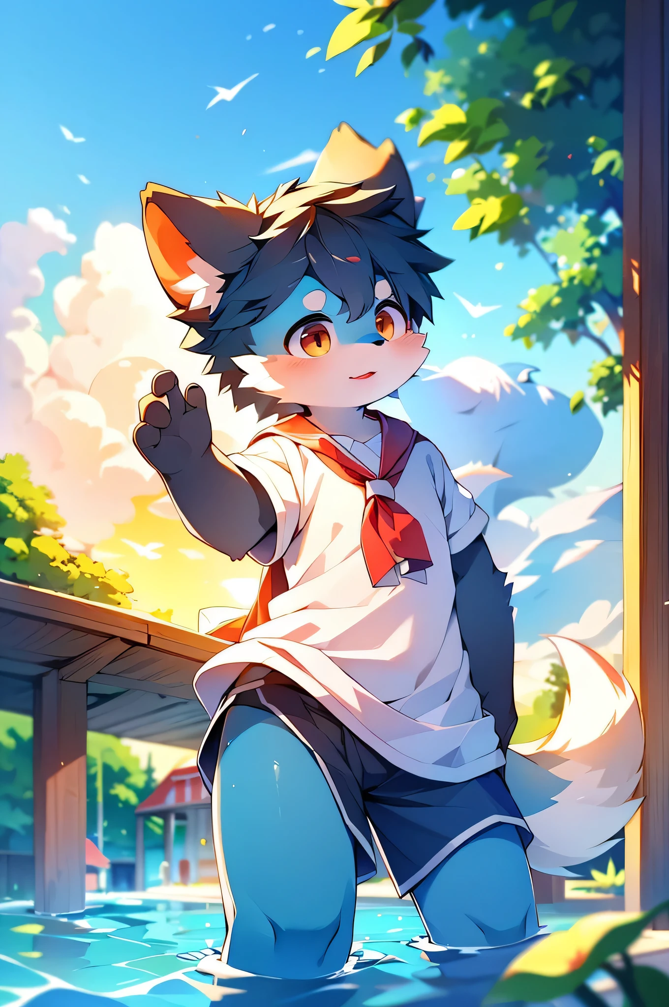 Blue canine,School,student,Ultra-fine,Exact details,4K ultra-vivid,Cute Face,Fluffy fur,Furry,Water Play,swimming,Ocean,Cute art style in anime,(The Boy of)sunset,single,alone,Red collar and lead,