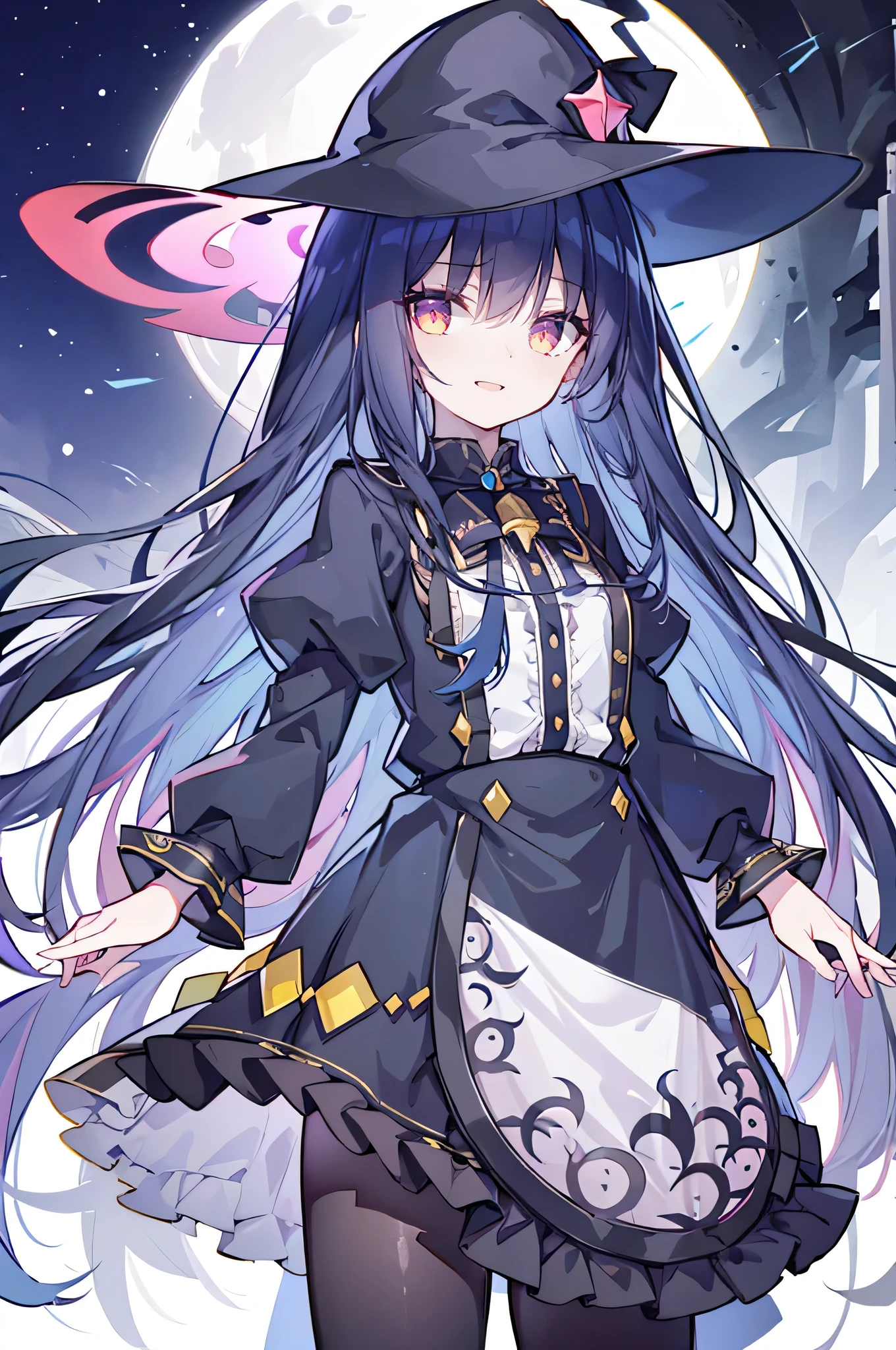 oung Girls,Humanity,A magician always smiles,big witch hat,cute,dark blue long hair,The eyes are dull,The bangs are heavy,Thin eyebrows,fantasy,intake,Double teeth,Star Theme,Constellation pattern,Solid color clothetal decoration,cloak,A bit of a dark atmosphere,A little crazy smile,When the big moon shines outside at night,blood,Hair black star embellishment,Short tie,No nails,High waist skirt,Bell sleeves,Long-sleeved shirt,Black tie,low risk,gentlemen。Mist、Yellow and white effect，Shocking pink as an accent color