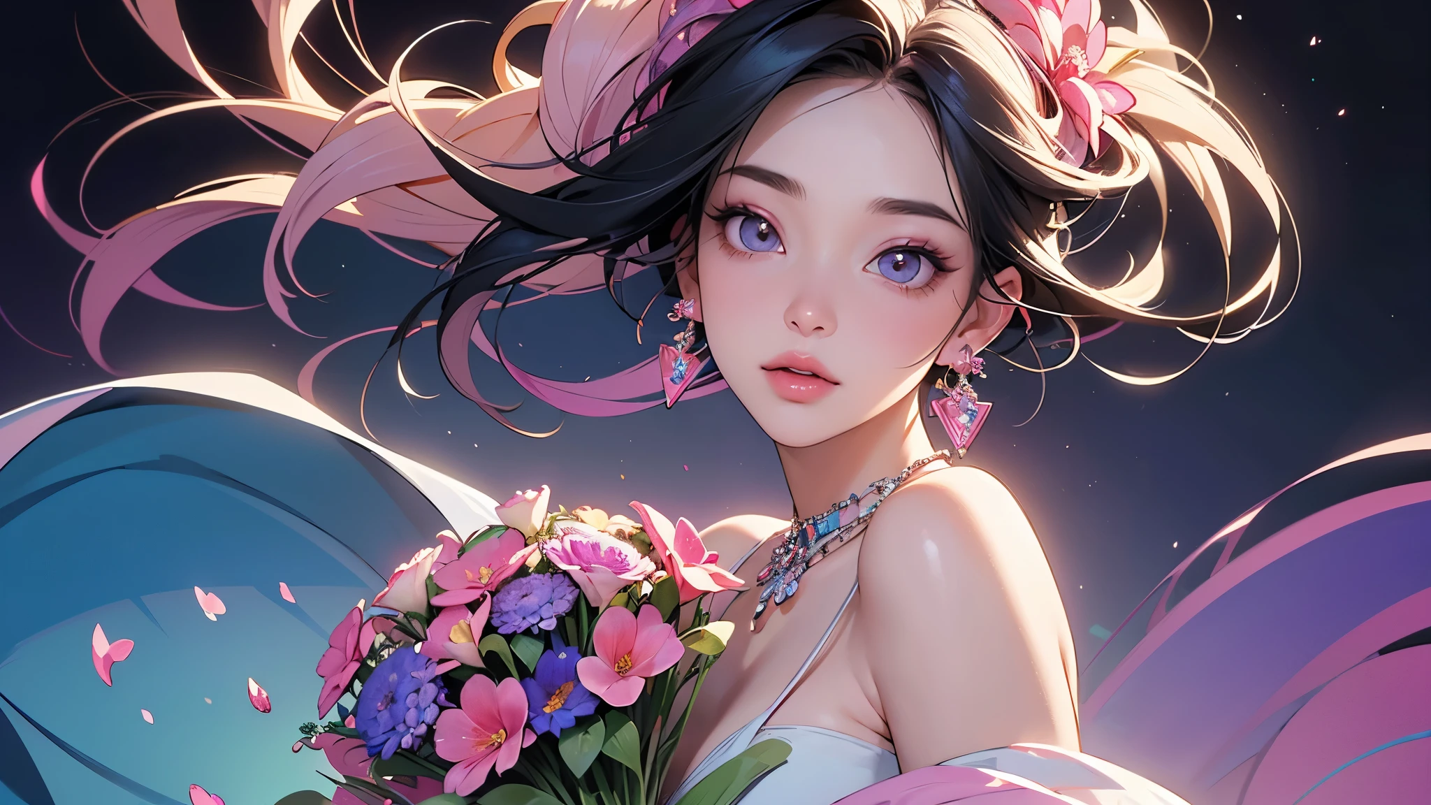 32K, highest quality, The highest masterpiece, (ultra-Detailed Background, Detailed Background), High resolution, Super detailed, Very detailedな, One girl, (bouquet:1.3), (Tangled:1.2), (Geometric:1.2),(colorful),(masterpiece, quality, best quality, Official Art, Beautiful and beautiful:1.2), (1 girl:1.3), Very detailed,(colorful:1.1)(Flowers:1.3),Most detailed,(Tangled:1.2), whole body, (Abstract background:1.3), (Skin glows), (Many colors:1.4), ,(Earrings Jewelry:1.5), Gradient pink background,