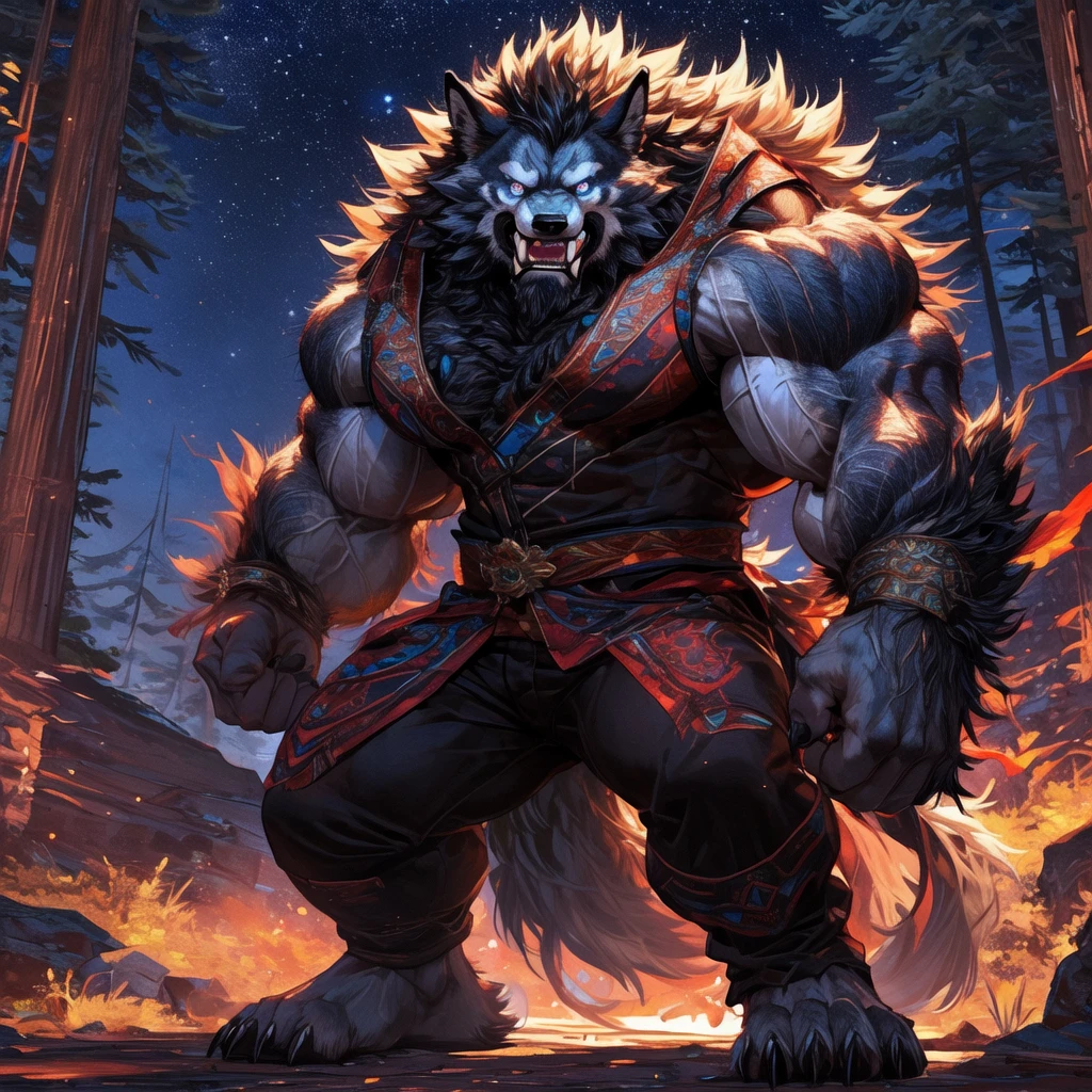hairyMuscle Werewolf只穿裤子, hairy art, Muscle Werewolf, High Resolution Committee, Full Body Committee, Exquisite eyes, Eye color is blue., hairy color black, hairy anime, Fluffy Arts Council, hairy fleurna, Gorgeous Werewolf Flsona, hairy, One-handed waist, hairy art, The expression is intense, Proud, 1 boy, a long hairy wolf tail with fangs in the mouth, Staring at the screen, Sharp claws, Two Legs, Stand on both feet, Werewolf, Characters in Tekken, Art in Fulson, background, A small path in the forest at night。Starry Sky