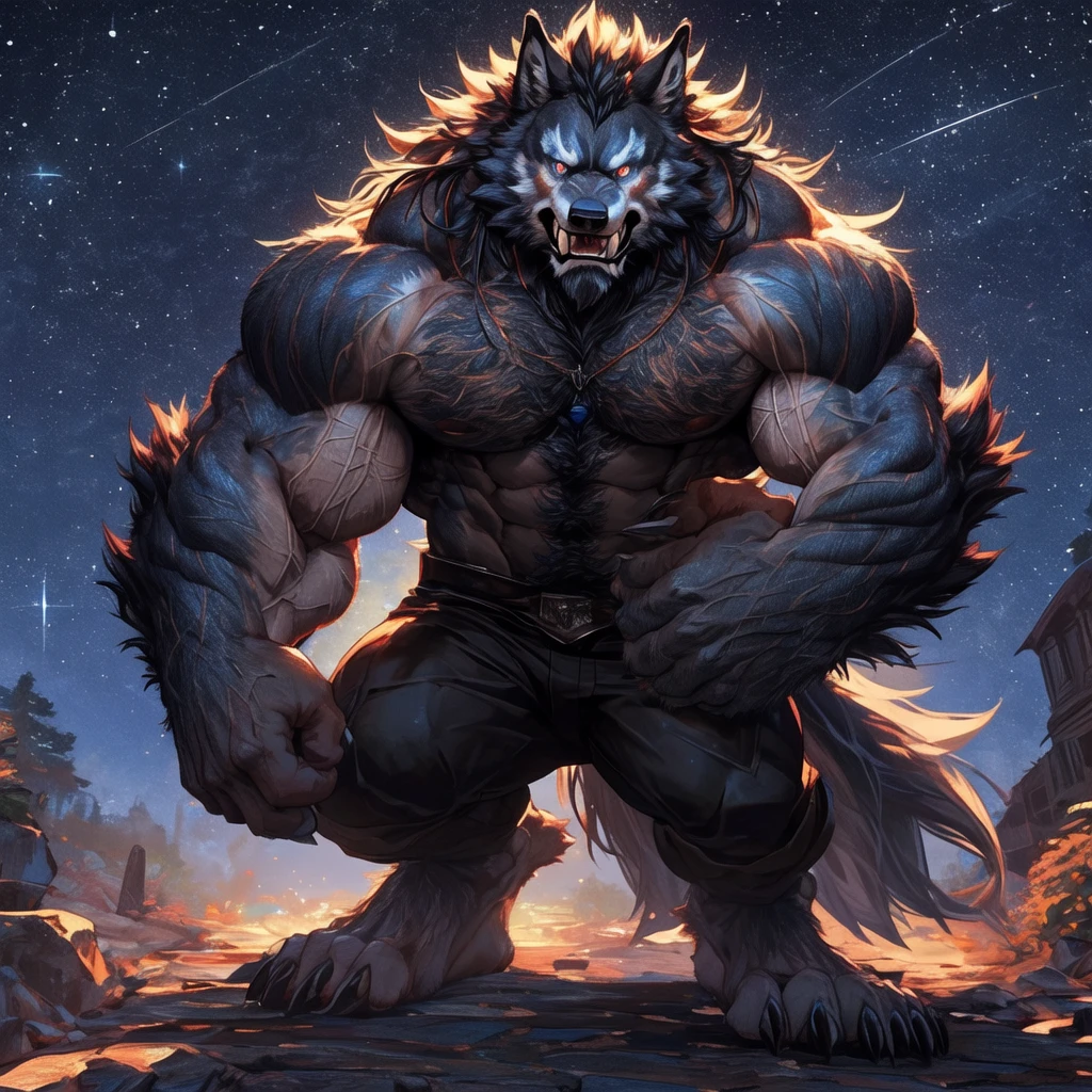 hairyMuscle Werewolf只穿裤子, hairy art, Muscle Werewolf, High Resolution Committee, Full Body Committee, Exquisite eyes, Eye color is blue., hairy color black, hairy anime, Fluffy Arts Council, hairy fleurna, Gorgeous Werewolf Flsona, hairy, One-handed waist, hairy art, The expression is intense, Proud, 1 boy, a long hairy wolf tail with fangs in the mouth, Staring at the screen, Sharp claws, Two Legs, Stand on both feet, Werewolf, Characters in Tekken, Art in Fulson, background, A small path in the forest at night。Starry Sky