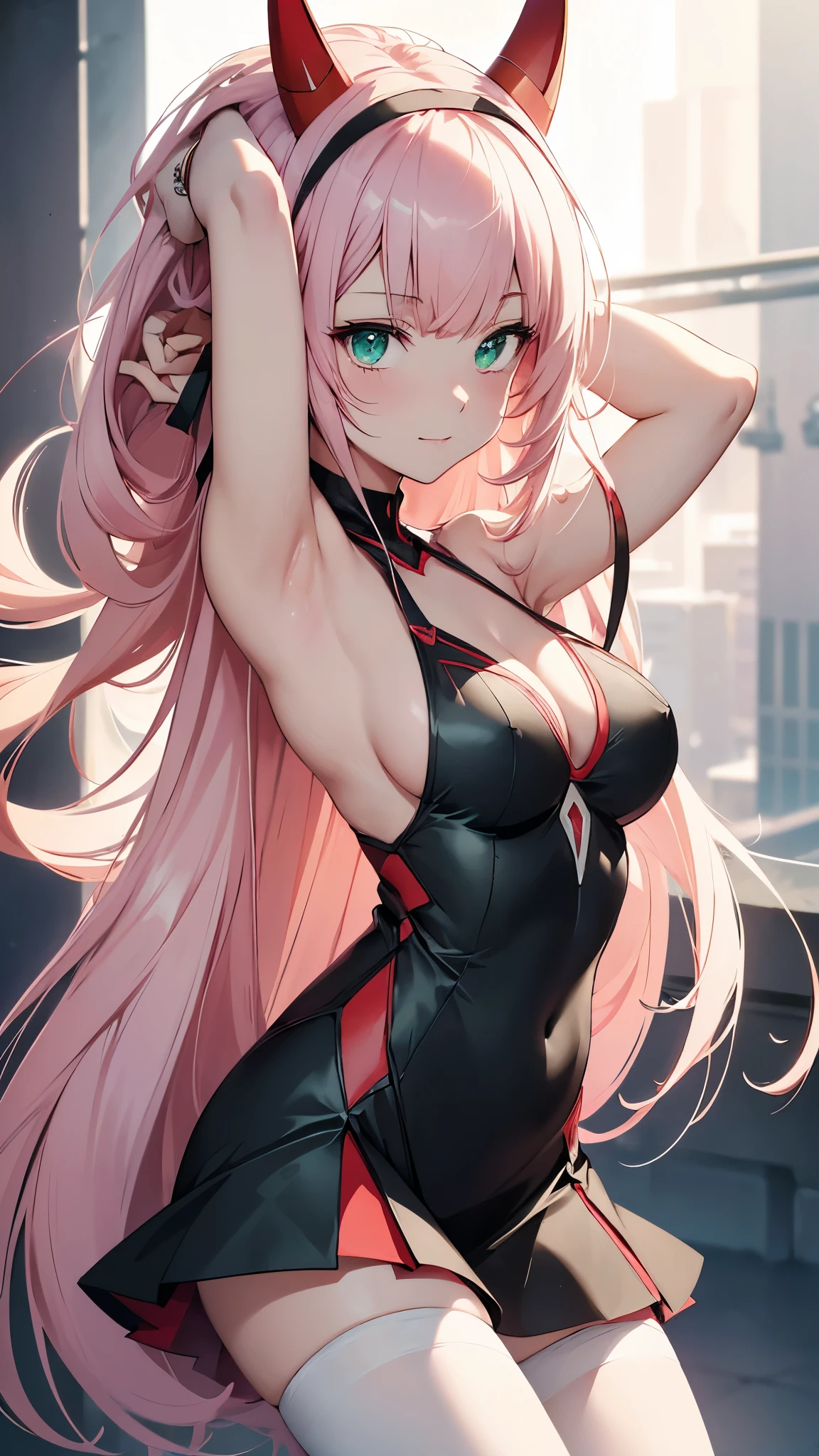 anime girl, zero two, 002 from Darling in the Franxx (Best Quality,4k,8k,High resolution,masterpiece:1.2), ultra detailed, (animated art style:1.37), Portraits, Alone, A girl, by the wide, beautiful detailed horns, pink hair, pantimedia added, impressive breasts, delicate hairband, lovely smile, Captivating look, black pantyhose, medium breasts, white hairband, simple background, elegant arms behind the head, Elegant arms up, stylish bangs, fascinating green eyes, detailed eye, ELEGANT DRESS, delicate mouth closed, Red color_xs_and_Women's lace & Lencería babanddoll floral por encima de la rodilla de red, fiery red horns, exquisite lingerie, Stunning red lingerie, seductive lingerie, cascading verand by the wide, straight hair, confident standing pose, Elegant tie.
