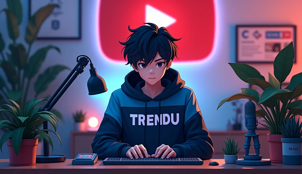 "Create an image of 'A 18 years anime boy, sitting in front of a computer desk with a microphone and laptop, wearing blue and black hoodie with the Channel Name on it "TRENDU". The background includes a large YouTube logo on the wall, potted plants on either side, and various recording equipment."