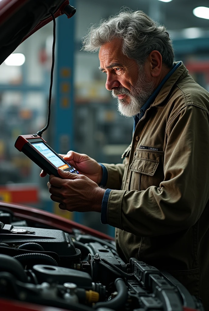 A middle-aged man diagnosing a car with an automotive scanner