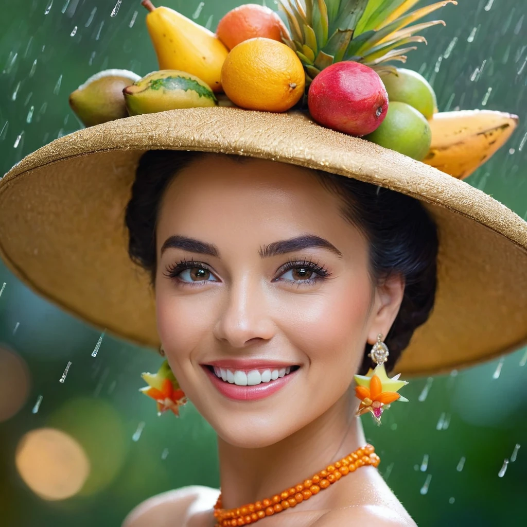 Ultra high definition macro image, realistic professional photography, top quality, Carmen the Little Notable, Traditional hat decorated with tropical fruits, her perfect features, wonderful woman, her joy is transmitted through every pore, What a charming smile! Her eyes express the love for life, her exuberant body dressed in the singer's typical costume in a dancing pose, blurred background with rain of colorful mini stars, elegance, refinement and glamour define the trend proposed in this image that unites the golden years with 21st century technology
