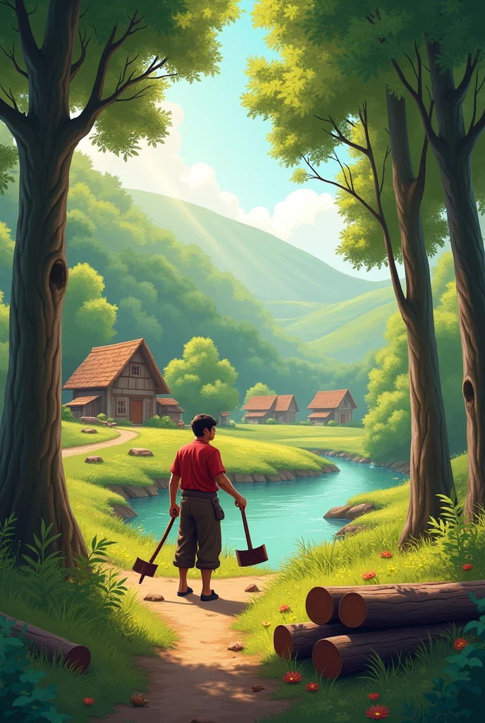 Visuals**: Show a peaceful village with a narrator introducing the story.
- **Narration**: "Once upon a time, in a small village, there lived a hardworking woodcutter named Ali.

Visuals**: Ali chopping wood in a dense forest.
- **Narration**: "Every day, Ali would go to the forest to chop wood and sell it in the market to earn a living."

Visuals**: Ali's axe slipping from his hands and falling into the river.
- **Narration**: "One day, while chopping wood near a river, Ali's axe slipped from his hands and fell into the water