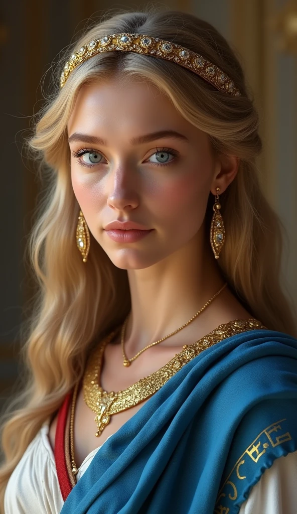 Close-up shot , View your viewers, BC 1st century, Herodian King's wife, Mariamne 20 years old, Greek-style clothing of the Jews at that time, Jewish girl, 18-year-old, (Light Gold Hair, Mid-length hair ,blue eyes, Beautiful Lips, Small lips), (Gold crescent earrings, Gold Necklace, diamond Tiara), red wide belt (Big Breasts, slender waist, Wide Hips) , (wearing White an linen ancient Roman imperial tunic), (Blue Toga:1.3), Textured skin , HI Detail Skin, (Shorthand, Canon, 8k, Anatomically correct, Super Detail, Attention to detail, Your Highness,
