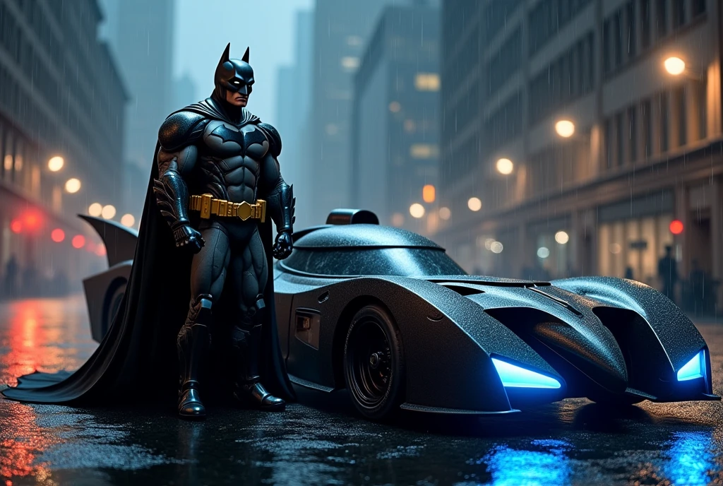 Create an image of Batman with speach bubble sayings "So it does come in Black", the tall, muscular superhero, in a dark, armored suit with a flowing cape, standing confidently next to the sleek, black Batmobile with sharp angles and glowing blue lights. Batman’s suit should feature intricate details, including a prominent chest emblem and utility belt. The scene is set at night in a gritty, rain-soaked urban environment, with towering, shadowy skyscrapers in the background. The wet street reflects the neon city lights, adding a dramatic effect. Rain is falling, creating a moody and tense atmosphere, with Batman appearing vigilant and ready for action.