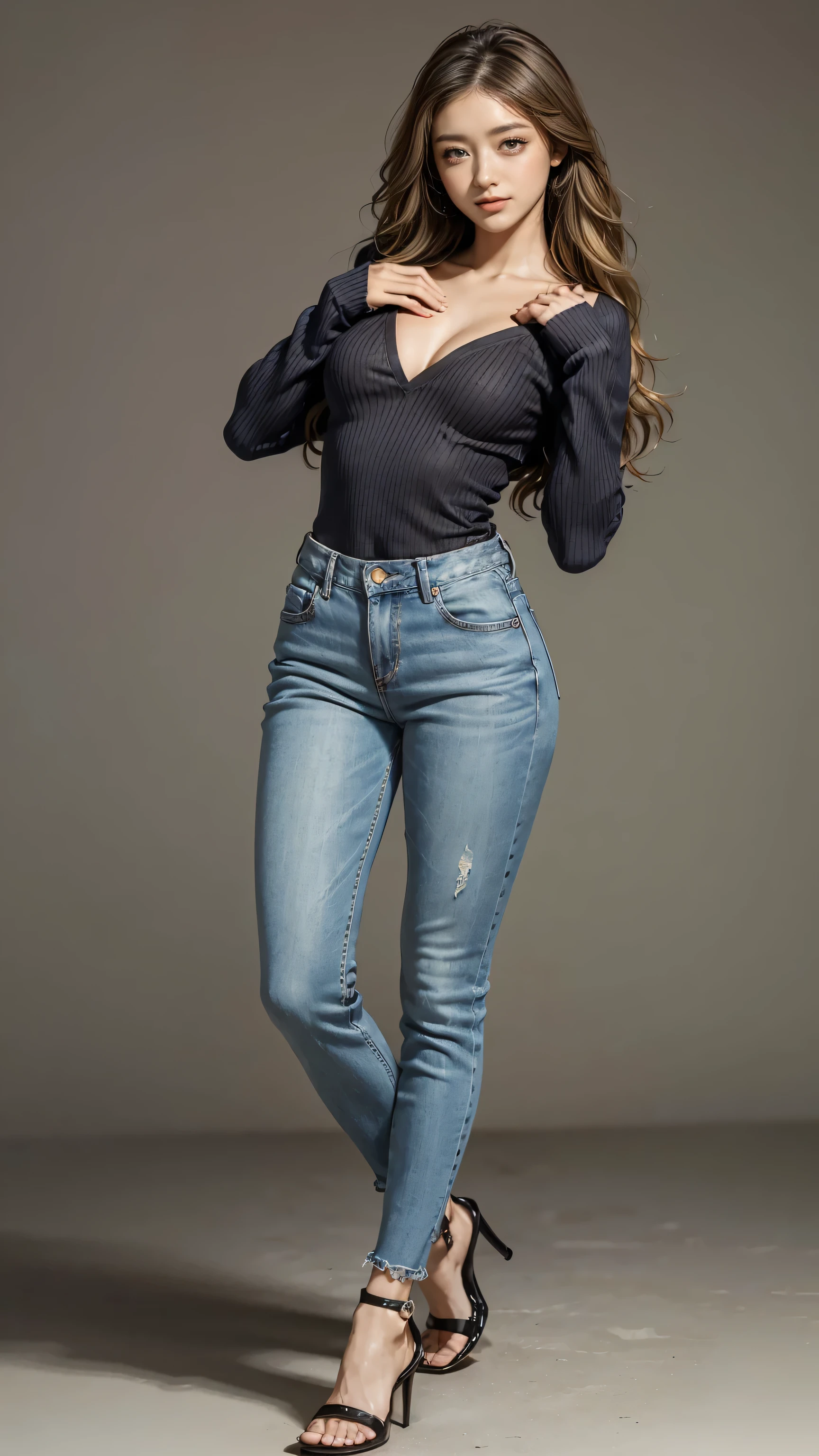 ((Highest quality, Tabletop, Ultra-high resolution、The most complex and detailed depiction))、(Bright lighting:1.1)、(Beautiful woman:1.1)、(Very light wavy hair:1.5)、(Skin-tight jeans),(Denim pants),(Relaxed long-sleeved V-neck knit),((High heel sandals:1.8,High heels:1.5,)), (Sexy pose:1.5),Best smile:1.5,Full Body Shot:1.5,Gray background:1.5,Blonde wavy hair:1.8,Random Blonde:1.8,Curly Hair:1.8,Long Hair:1.5,sleek bangs:1.8,Large Breasts:1.6,gal,Sunburned skin:1.9,Thin fingers:1.5,smile:1.5,The whites of the eyes are clear:1.8,Centered:1.5,,Tall:1.3,