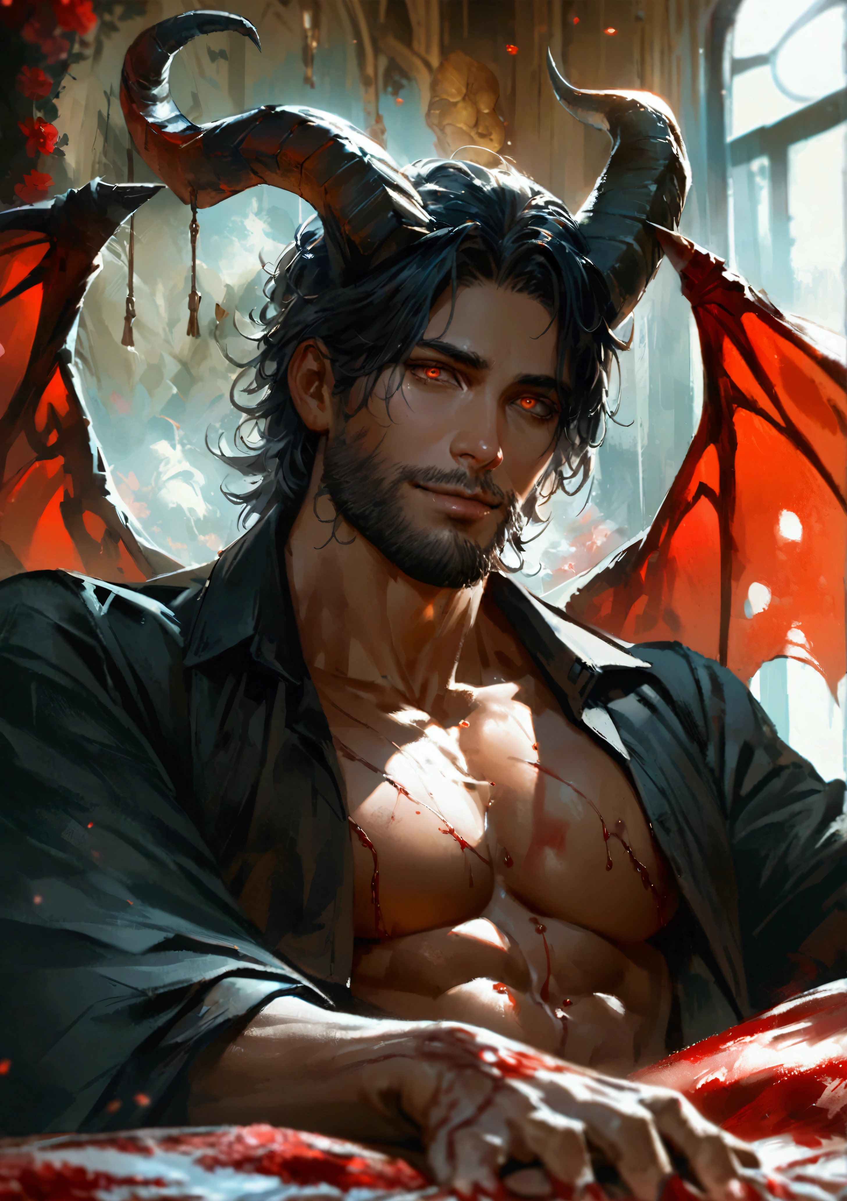 Realistic Digital Painting with Concept Art Elements"," digital painting," "concept art," "realistic," "high detail", "muscular",, "high-res", "ominous aura,", "8k resolution", "oil painting", "darker tone" , "little saturation" ,"dark feeling", "concept art" , "detailed features" , "detailed eyes" "1man" , "demon" , "large horns" , "Fangs" , "long hair", "short stubble on chin", "long nails" , "Asmodeus" , "full body" , "covered in blood" , "smiling" , "amazing background" , "laying in bed" "dark castle background", "wearing a suit" , "head resting on hand" , "large and imposing" , "scruffy beard" , "naked" ., "full body" , "looking up at viewer" , "very sexy"