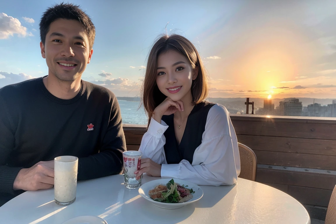 ((Highest quality、8k、masterpiece:1.3))、Izakaya、Japanese sake、Slim couple、Model Couple、(Realistic, Intricate details:1.2), Japanese sake、1 liter bottle、Japanese food、Soba、Japanese sake、Shochu 、Amazing view of the sunset sky and clouds、Bright smile、The beauty of a smile、Bright image、Beautiful Face, blue eyes, The light shines on your face, blush, short hair,Bright Face、 (Age 37), 39 years old, Brown Hair、Shortcuts、Long sleeve shirt、dress、Beautiful woman