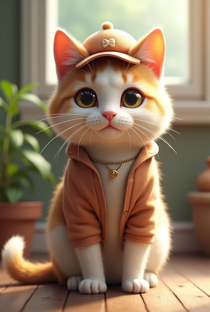 "A realistic and cute cat standing on its hind legs, facing directly forward, wearing an adorable outfit and a matching hat. The cat has soft fur with a mix of white and light brown patches. The outfit is stylish and charming, enhancing the cat's cuteness. The background is simple and slightly blurred to keep the focus on the cat. The lighting is natural, giving the fur and clothing a soft, warm glow. The cat has a playful and friendly expression, with large, round eyes looking straight ahead."
