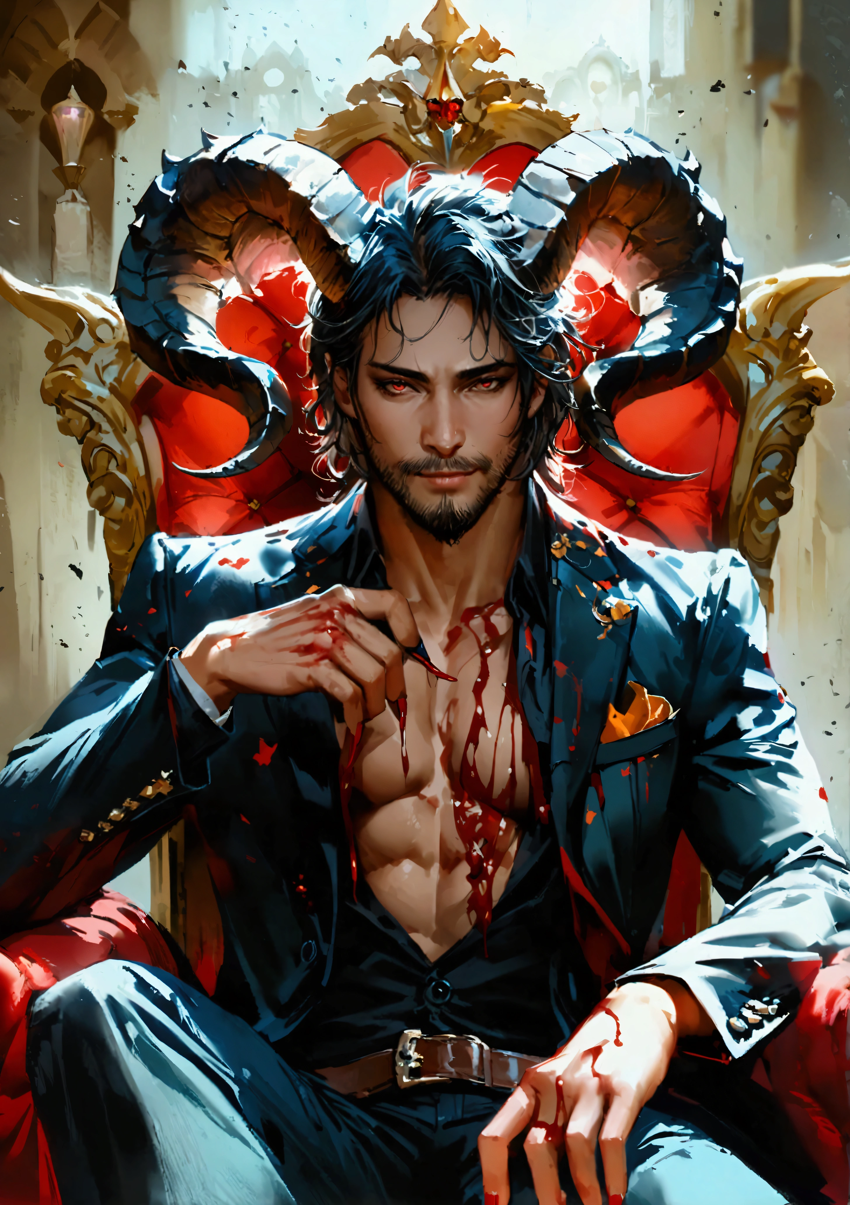 Realistic Digital Painting with Concept Art Elements"," digital painting," "concept art," "realistic," "high detail", "muscular",, "high-res", "ominous aura,", "8k resolution", "oil painting", "darker tone" , "little saturation" ,"dark feeling", "concept art" , "detailed features" , "detailed eyes" "1man" , "demon" , "large horns" , "Fangs" , "long hair", "short stubble on chin", "long nails" , "Asmodeus" , "full body" , "covered in blood" , "smiling" , "amazing background" , "sitting on a lavish throne" "dark castle background", "wearing a suit" , "head resting on hand" , "large nad impsoing" , "scruffy beard"