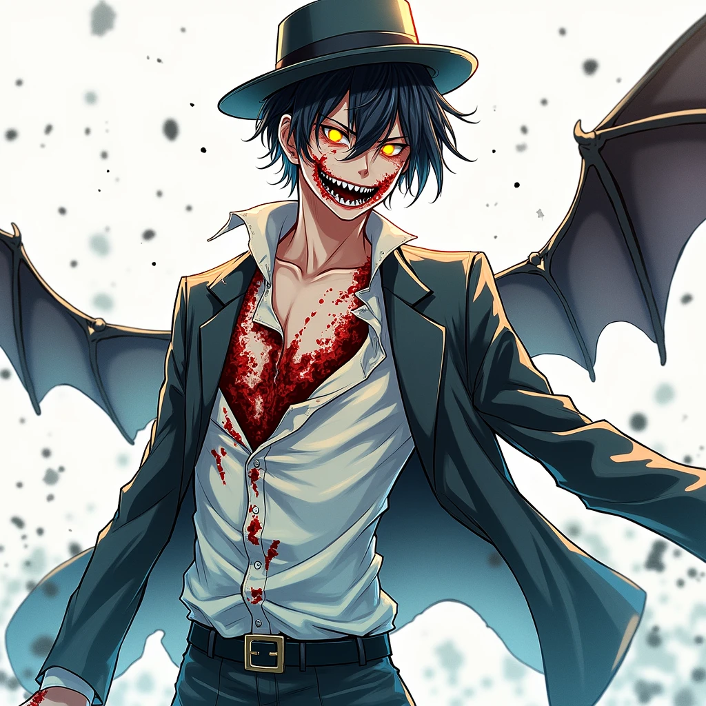 ((illustration)), (best quality)), ((masterpiece)), (detailed), 1male, black hair, suit, fedora, solo, 1boy, smiling, crazy look, shirt: 2, anime, horror, yellow eyes, ager, monster, dark background, glowing eyes, bloody face,