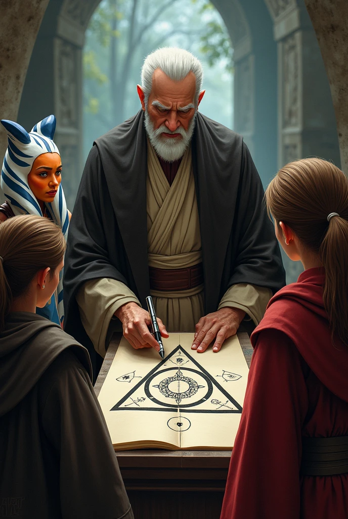 Count Dooku drawing the Deathly Hallows from Harry Potter to Ahsoka, Anakin and Obi-Wan from Star Wars, Without sand