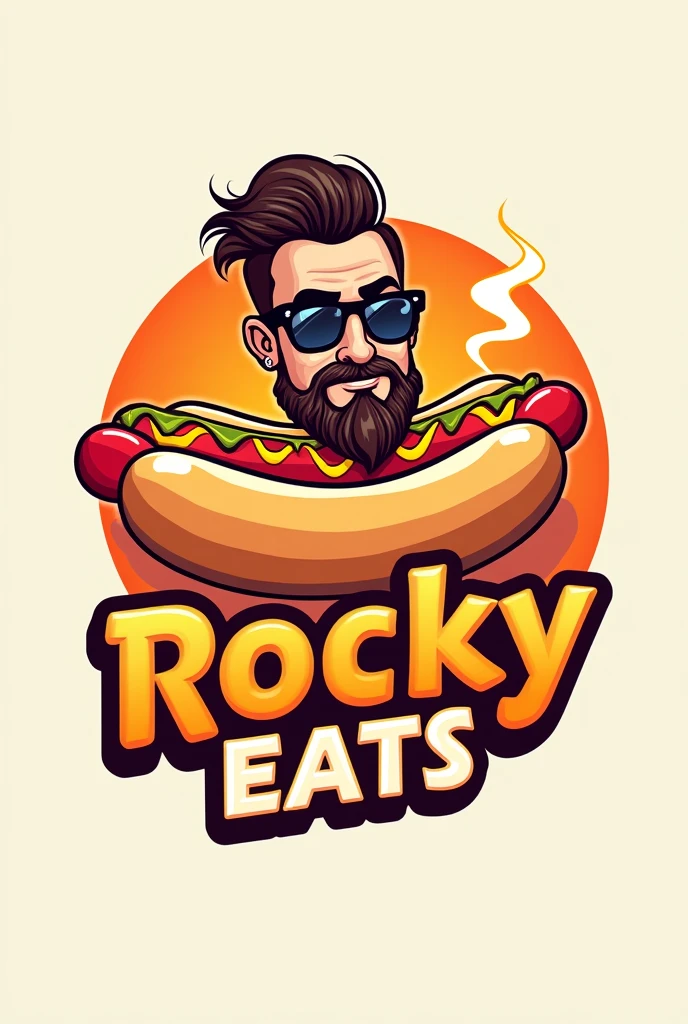 "Design a logo for 'Rocky Eats', a modern and vibrant food review channel. The logo should feature a stylized, cartoonish hot dog as the central element, with a playful yet bold vibe. The hot dog should have a warm, appetizing appearance, with details like mustard and steam rising to indicate freshness. Incorporate a caricature of Rocky, a man in his late 30s with a unique, stylish look—dark sunglasses, a curled mustache, long beard and a nose ring—to add personality to the logo. Use a color palette featuring red (#FF4500), mustard yellow (#FFD700), and brown (#8B4513), with a bold, rounded typography for the text 'Rocky Eats', ideally integrated into the design around or beneath the hot dog. The overall feel should be approachable, energetic, and reflective of a fun, engaging food exploration experience."