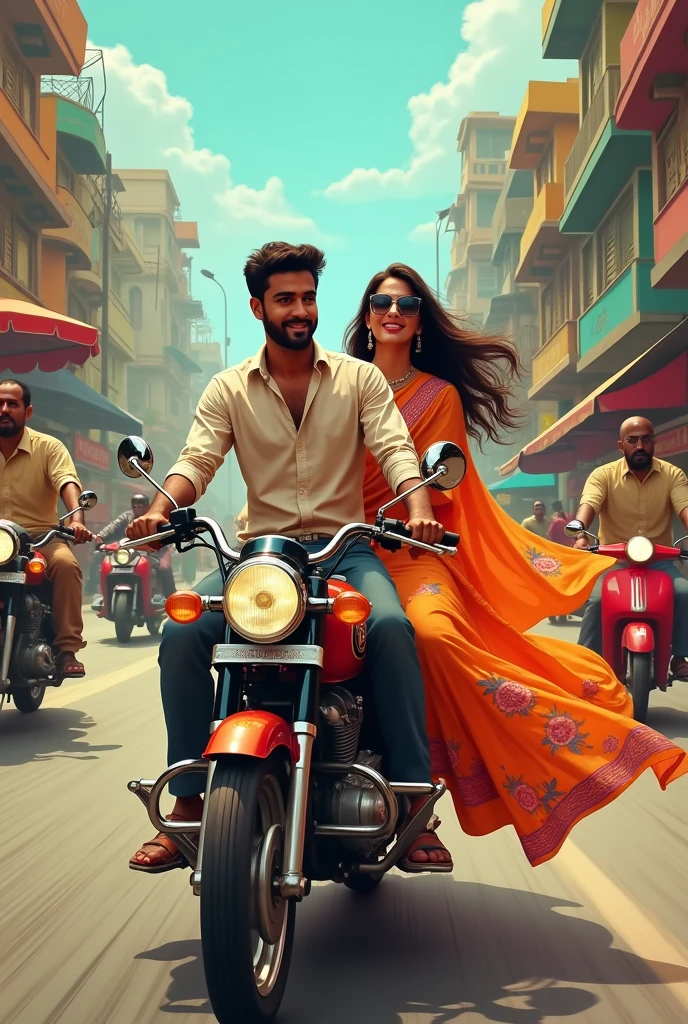 A man wearing pant shirt and women wearing one piece frock in a Hyderabad street riding in bike