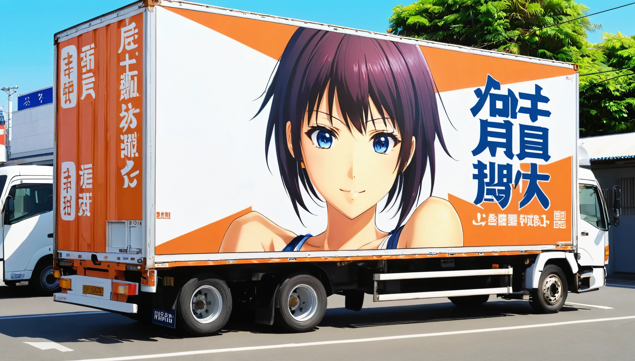 Realistic truck photos, (((A deformed anime girl illustration on the side of a large truck's box and"high income""phi.1""Ask"It says 'の'))), The truck was parked in a busy area、The lighting is beautifully done, Detailed Photos, フォトRealistic:1.2, Realistic, masterpiece:1.2.