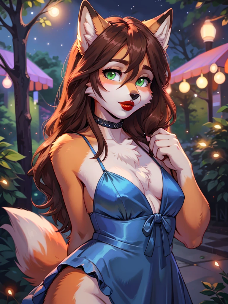 Best quality, furry male fox with green eyes, with brown long hair, with black spout, with red lipstick on lips, big lips, in a blue dress, crossdressing, shy, sexy pose, against the backdrop of a night park