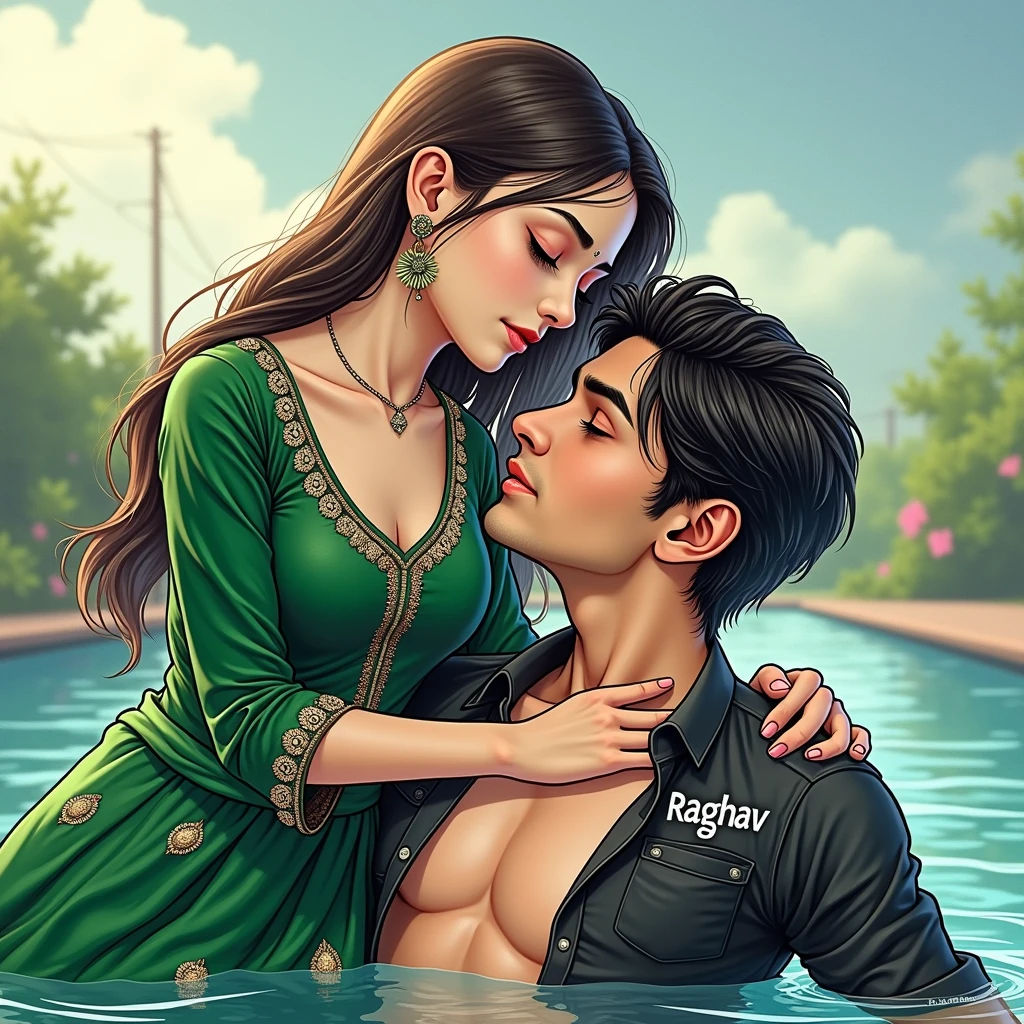realistic indian 19 Year old cute boy lifting body and 15 year beutifull girl smile in chest to chest in Water with boy wearing black shirt on the river with sunday an water and a on girl wearing green lehenga with swimming pool background , in shirt written name “Raghav" features, loveng mood, realistic