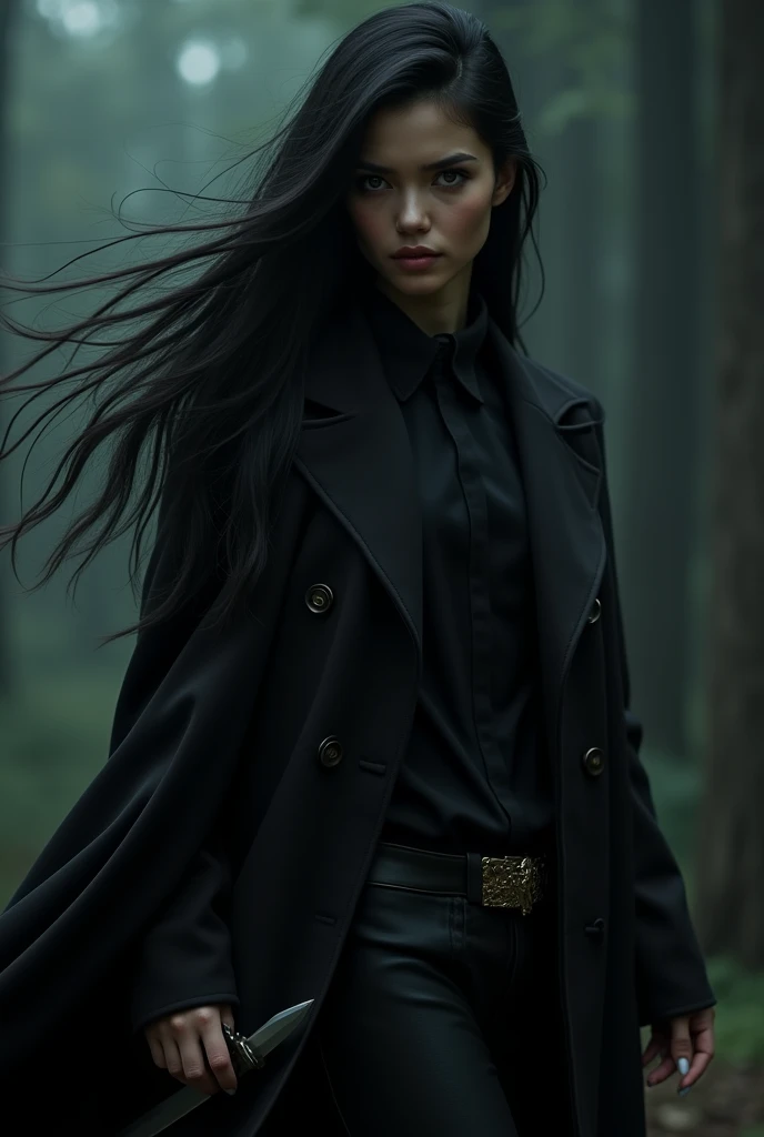 a beautiful young woman with cold, piercing eyes, wearing a long black coat, holding a knife, with long flowing black hair, (best quality,4k,8k,highres,masterpiece:1.2),ultra-detailed,(realistic,photorealistic,photo-realistic:1.37),cinematic lighting,dramatic shadows,dark and moody atmosphere,female protagonist,dark fantasy,high fashion,chiaroscuro lighting,dramatic pose,windblown hair,sharp focus,vivid colors