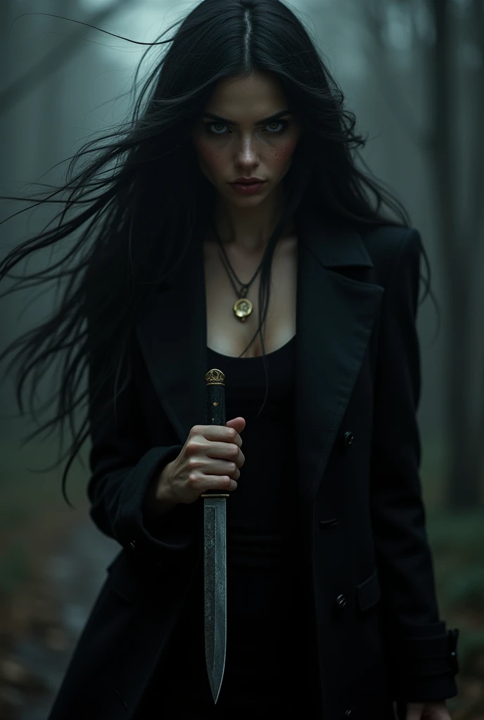 a beautiful young woman with cold, piercing eyes, wearing a long black coat, holding a knife, with long flowing black hair, (best quality,4k,8k,highres,masterpiece:1.2),ultra-detailed,(realistic,photorealistic,photo-realistic:1.37),cinematic lighting,dramatic shadows,dark and moody atmosphere,female protagonist,dark fantasy,high fashion,chiaroscuro lighting,dramatic pose,windblown hair,sharp focus,vivid colors