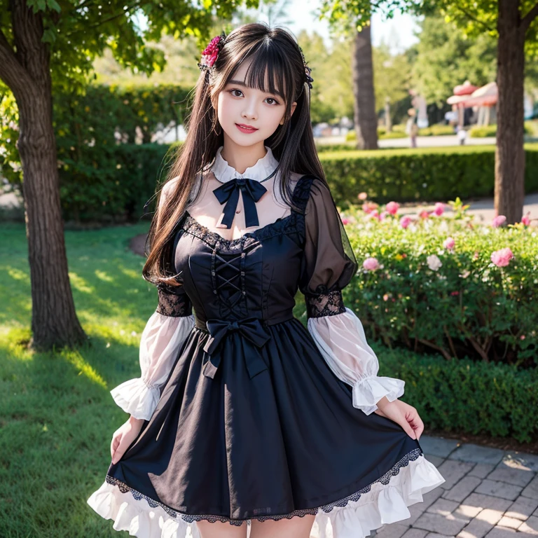 The skirt has a bow at the back of the waist, Skirt length to calf, cupcake dress, Layered skirt with lace on each layer, Wear a LOLITA dress, layered dress, Black lolita skirt, The skirt has a lot of lace, Long sleeve, Wide sleeves, Big skirt, layered lace skirt, Puff sleeves, Wide sleeves, Transparent sleeves, intricate details showcase the ruffles and intricate designs of the Lolita dress, Wearing a lolita dress, in the amusement park, at disneyland, best quality, Delicate face,beautiful visual work, lifelike, eternity, black hair, Long curly hair, blunt bangs, Smile, Detailed Background, Delicate face,blush,cold,((masterpiece))、(top quality)、8k、high detail、Super detailed,41-year-old female, masterpiece、born、Scenes resembling fairy tale illustrations、intricate details和複雜的設計、Beautifully、magic、capricious、 Beautifully、Dream aesthetics、「𝓡𝓸𝓶𝓪𝓷𝓽𝓲𝓬、ethereal、charming、fickle、magic」、realism、Visual effects、FXAA、SSAO、Shader、voiceless、ambient lighting、Tone mapping、High resolution、Ultra high quality、Million pixels、(8K resolution:1.10)、8k、8k以下、8K resolution、high detail、intricate details, (high quality:1.2、masterpiece:1.2、:1.21)、(41-year-old female:1.21)、(興奮地Smile)、(Surrounded by a dreamy atmosphere、Model diagram,full-body shot,Normal 2 feet,Put your hands behind you,The protrusion of the breast is visible when wearing clothes, Large Breasts, H cup chest, pink clothes, Don't show your fingers, full-body shot, full-body shot,full-body shot,full-body shot,full-body shot,full-body shot,full-body shot,full-body shot,hands hidden in clothes, hands hidden in clothes,hands hidden in clothes,hands hidden in clothes,hands hidden in clothes,hands hidden in clothes,hands hidden in clothes,hands hidden in clothes,hands hidden in clothes, ,hands hidden in sleeves ,hands hidden in sleeves ,hands hidden in sleeves ,hands hidden in sleeves ,hands hidden in sleeves ,hands hidden in sleeves ,hands hidden in sleeves ,hands hidden in sleeves, arms behind back, arms behind back, side view, side angle, Each layer of the cake skirt has lace, side view photo, side angle shot, Black and white lolita dress