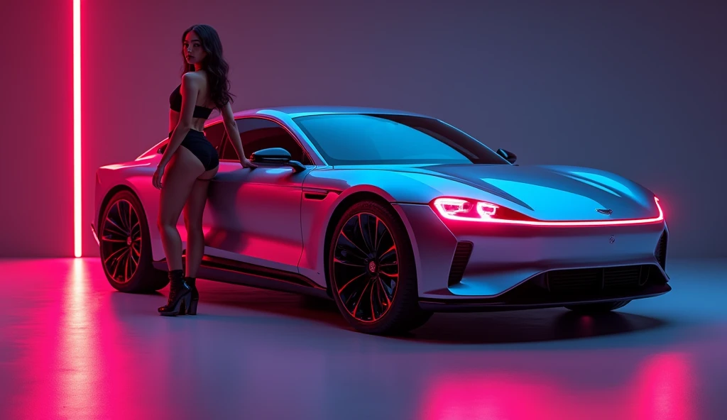 a futuristic styled family car, neon trim, 4 doors, tinted windows, a sexy Asian woman, age 25, model, gorgeous, curvy, mini outfit, posing next to car, glamour photo, high quality, 8k, photorealistic, professional, studio lighting, vibrant colors, cinematic lighting, dramatic lighting, dynamic pose, symmetrical composition, depth of field, award winning photography