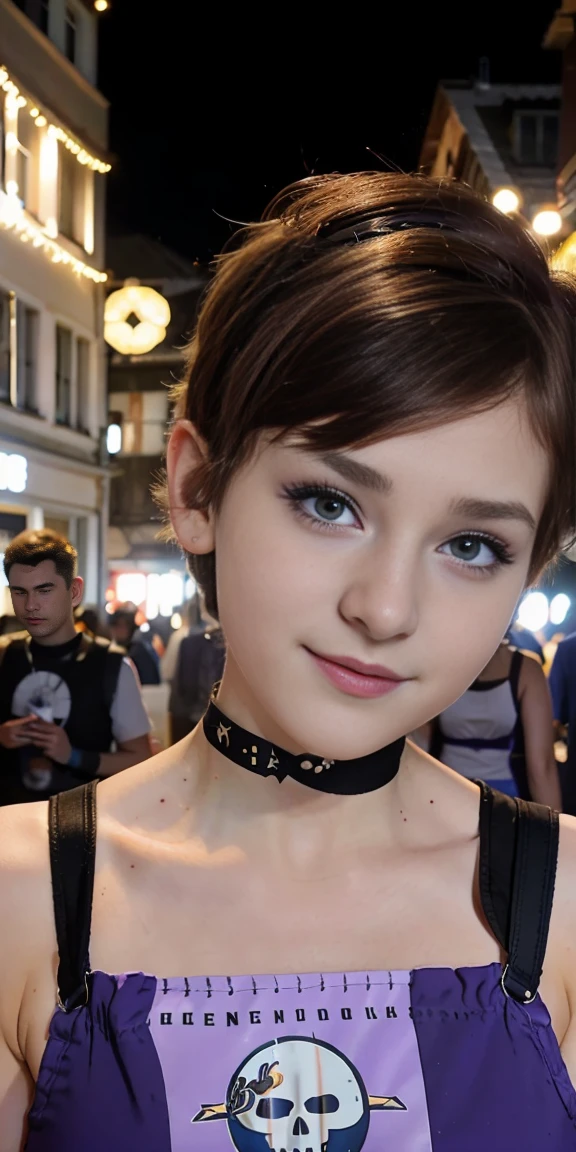 Photo of a -yeld Euean girl, .RAW, beautiful woman,pecas en mejillas ,hermosos ojos azules(Light brown hair pixie haircut),corte de cabello pixie ((retrato)), ((Cara detallada:1.2)), ((Detailed facial features)), (Piel finamente detallada), Pale skin,parque, Noria de Londres、Purple sleeveless t-shirt with skull image ,senos grandes , Lilac skirt with checkered images, Loose white belt, Long boots with heels ,lindo maquillaje, Purple eyeshadows on eyelids ,Un sexy(cool color), humid, humid, Reflectores, (Masutepiece) (proporciones perfectas)(fotos realistas)(La mejor calidad) (Detallado) fotografiado con una EOS R5 de Canon, Lente de 50 mm, f/2.8, NffSW, (8k) (papel tapiz) (cinematic lighting) (Dramatic lighting) (sharp focus) (Enrevesado) linda sonrisa , alegre , tocando guitarra electrica , senos medianos