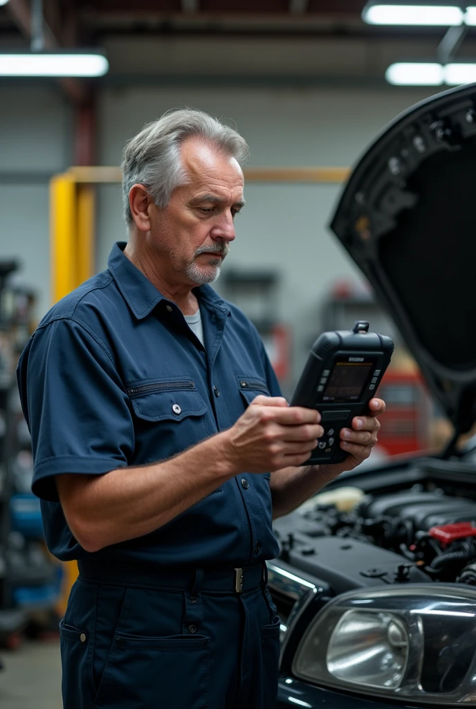 A 40-year-old man diagnosing a car with an automotive scanner
