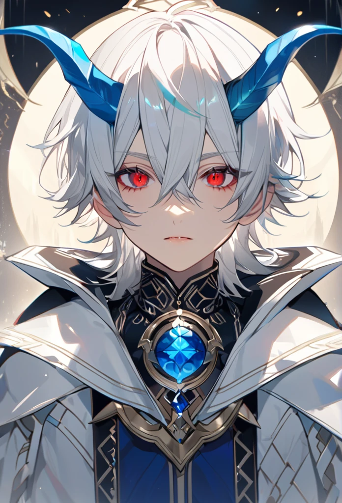 two twin brothers one of them has white hair and sapphire eyes with light blue horns straight up, The other is identical but with red eyes and horns.