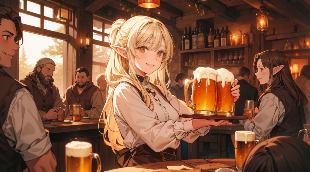 An illustrated scene set in a lively fantasy tavern at twilight. The focus is on a cheerful elf waitress, a young woman with long flowing hair and pointed ears, wearing a traditional tavern outfit. She is smiling warmly as she carries a large tray of mugs filled with beer, distributing them to a diverse group of patrons gathered around a round wooden table. The background shows a bustling tavern filled with various races, including humans, dwarves, and elves, all engaged in lively conversation. The setting is cozy, with a warm glow from lanterns and a large hearth, casting a soft, inviting light. The overall mood is vibrant yet warm, with a mix of soft browns, golds, and oranges to reflect the twilight hour.