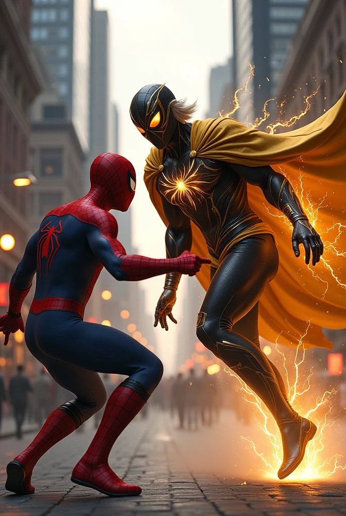Make Spiderman fight a 28-year-old man with blonde, medium-length hair., with black and gold superhero suit, and a golden cloak with electrical powers