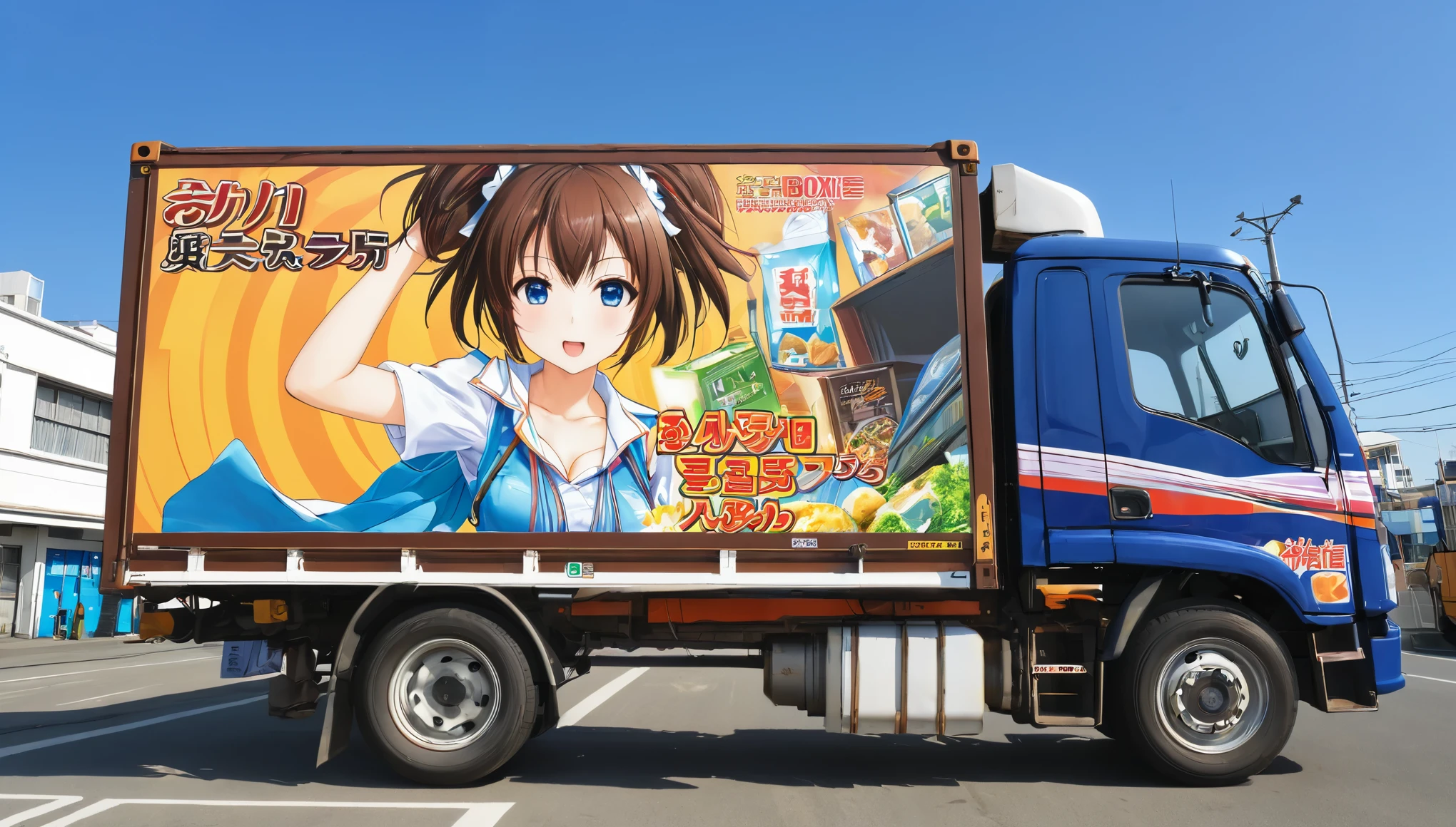 Realistic truck photos, (((A deformed anime girl illustration on the side of a large truck's box and"high income""phi.1""Ask"It says 'の'))), The truck was parked in a busy area、The lighting is beautifully done, Detailed Photos, フォトRealistic:1.2, Realistic, masterpiece:1.2.