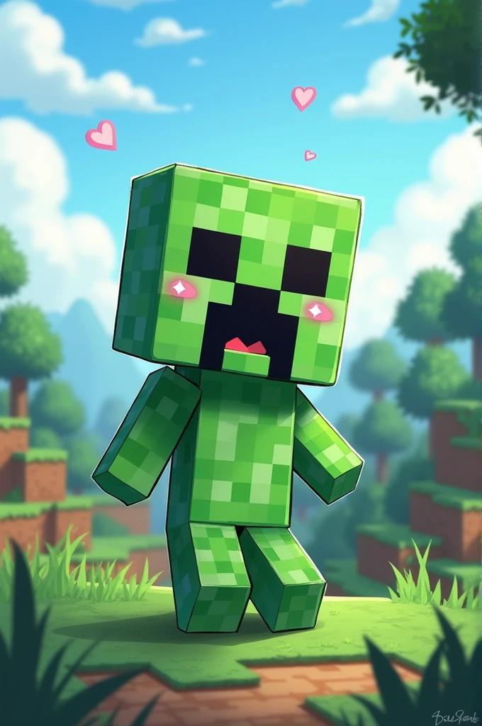 A minecraft creeper in the style of the game doki doki crafting club