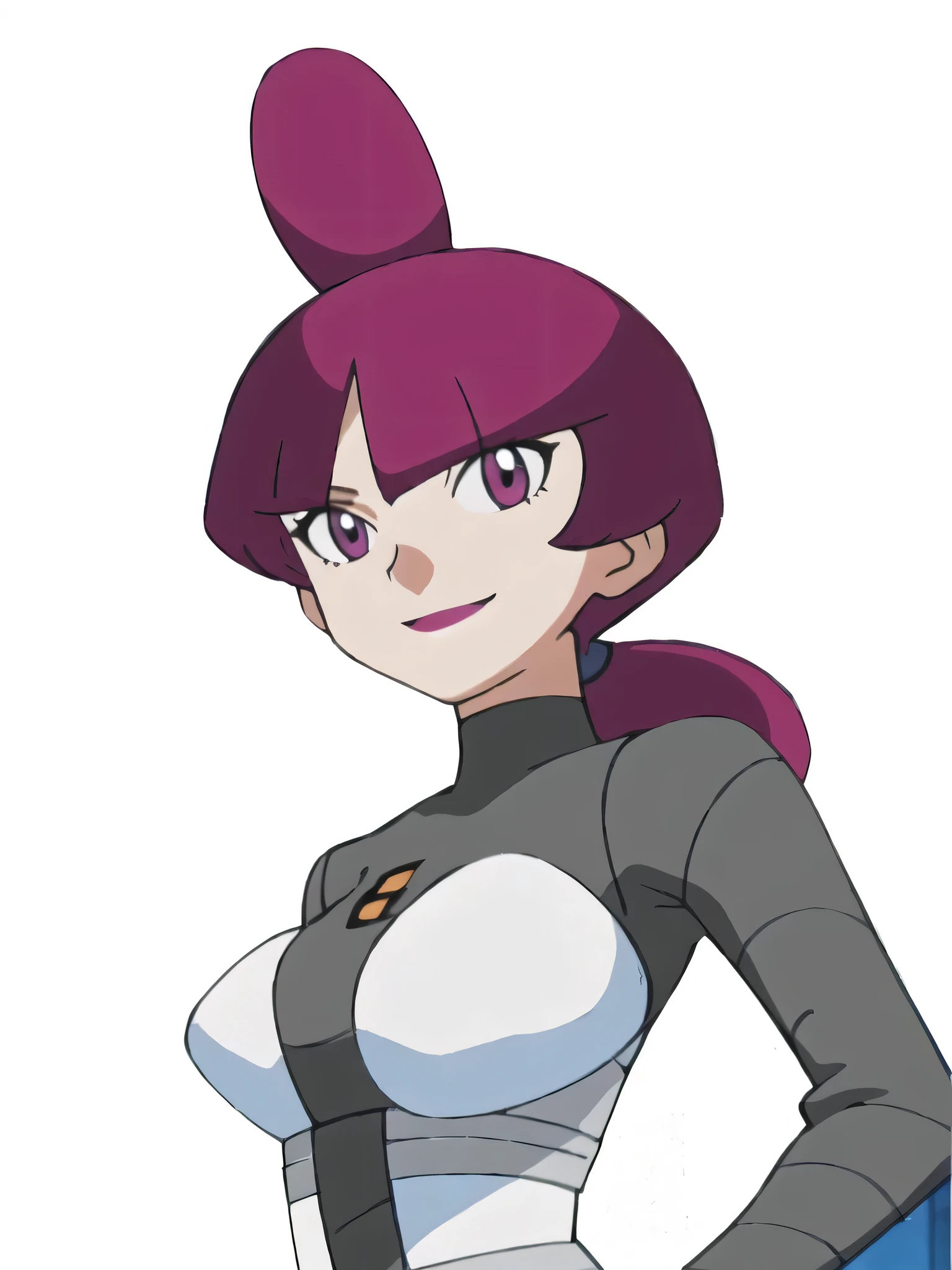 (masterpiece, best quality:1.2,ultra detailed,8k),1girl,solo,Jupiter \(pokemon\),purple eyes,purple hair,long sleeves,looking at viewer,smile,Team Galactic