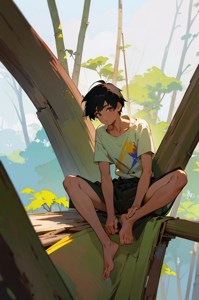 Best image quality, primitive, Spread your legs, Primary forest, In underwear, ""Primitive clothing"", male, Black Hair, paint