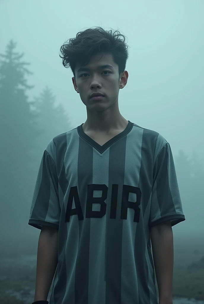 A 17-year-old boy in from of the flog on the back . The jersey has'ABIR`written in English.