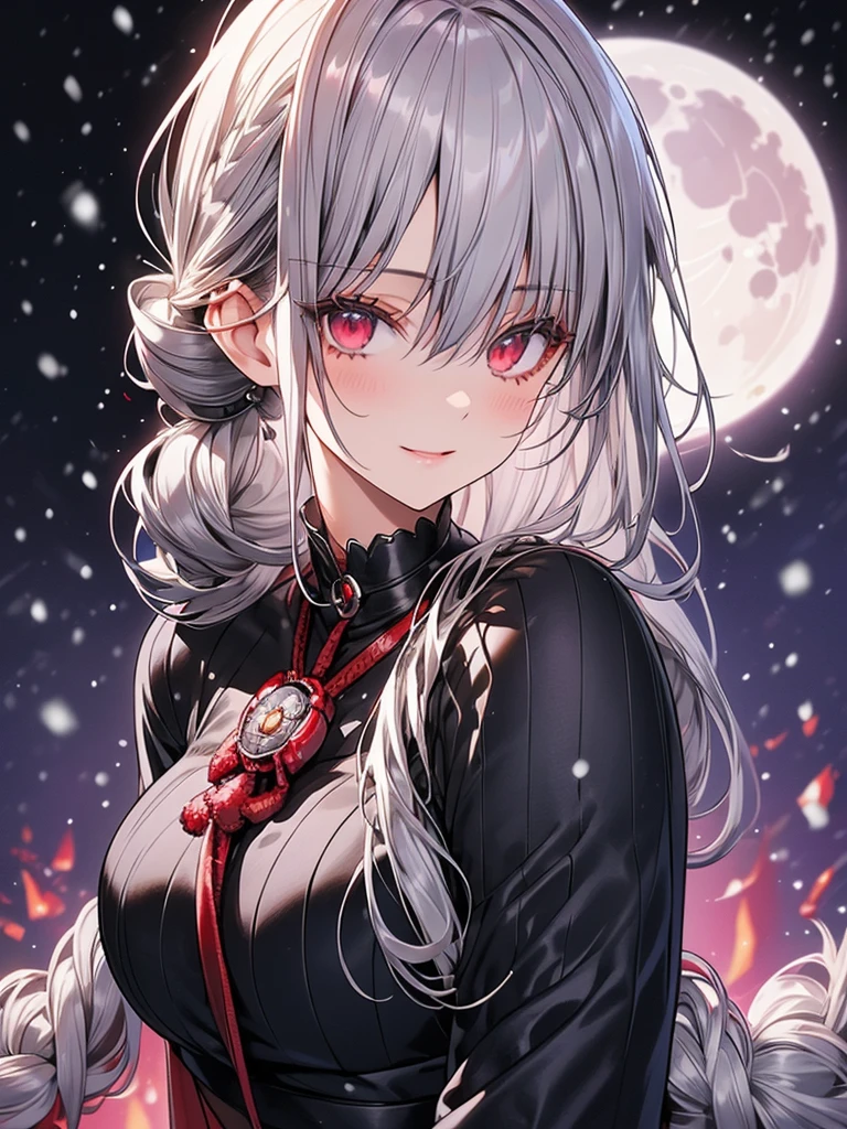 Highest quality, Ultra-high resolution, (Realistic: 1.4), beautiful red Eyes, Super beautiful, beautiful, Warrior, Japanese style, Black tones、Dance、beautiful Soldier, Eyes that beckon, Mistress point of view, Attractive look, Sexy smile, ((silver Hair、Updo Hair:1.4))、Perfect Style, Perfect balance, Detailed skin, Mischievous Gaze,,(beautiful background、snow、moon:1.4)　