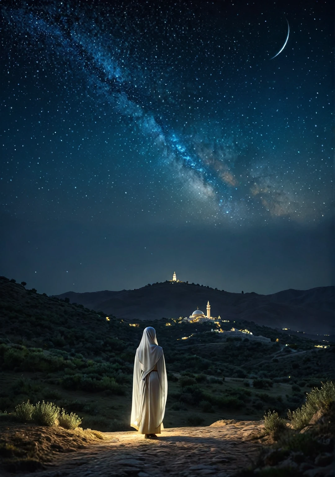 A highly detailed, ultra-realistic 9th-century landscape with a dark, starry night sky. A glowing figure of Fatima, wearing traditional Muslim attire with a hijab, stands out against the darkness. The scene should have a cinematic, mystical atmosphere, with the stars reflecting her radiance.