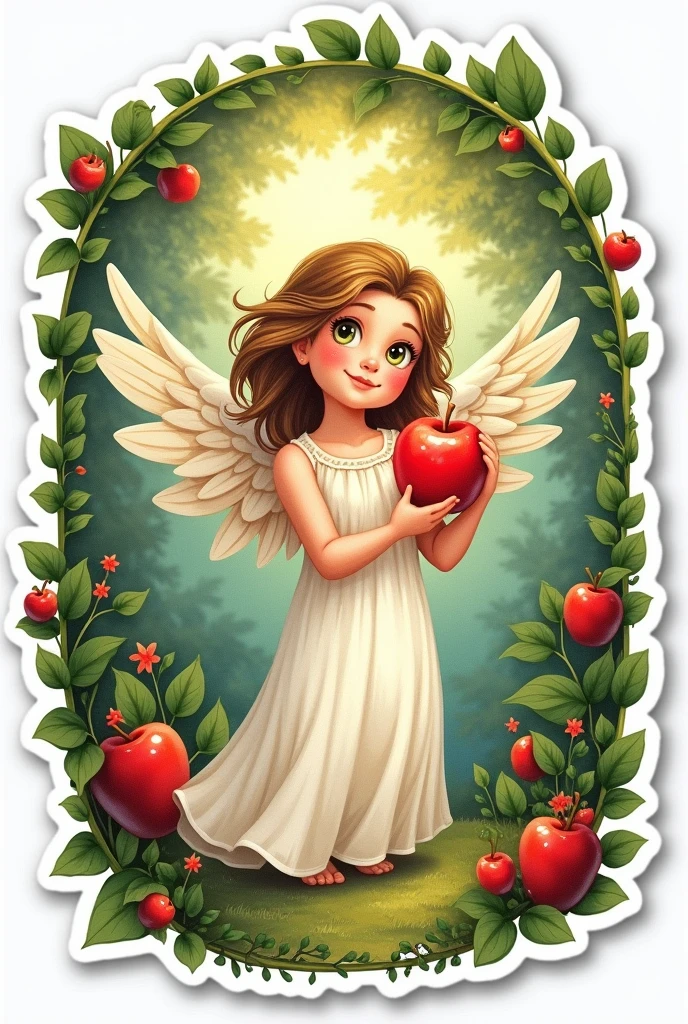 Drawn angel sticker, 
holds an apple. 
The Garden of Eden.
 Temptation by the Apple
Word" limit" under it