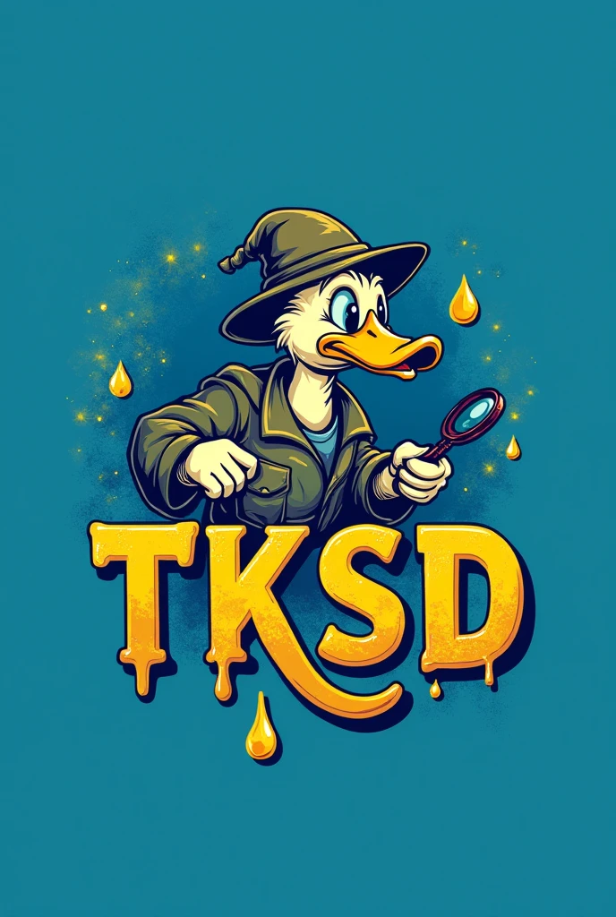 logo TKSD and duck detective, yellow oil liquid texture, blue backround.