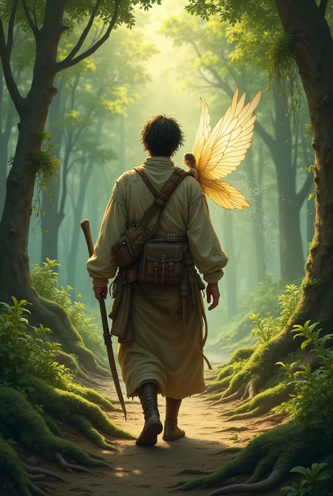 The traveler with dirty clothes walk with fairy in the forest