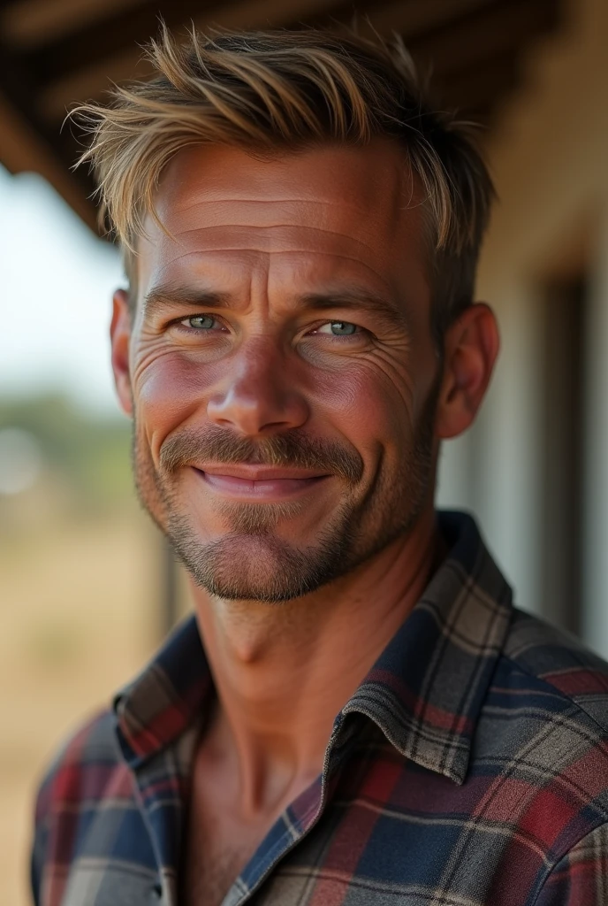 [((highly detailed, detailed eyes, detailed face, clear and realistic facial features, photorealistic, realistic light, cinematic)), (1 man), Mark is a handsome and alluring slender but muscular male farmer father aged 45 with short blond hair and a neat moustache and blue eyes and weathered skin wearing a flannelette shirt, (((Mark has a seductive smirking look on his face and a slight blush on his cheeks))), There is a charming yet dry southern farm in the background, ((calming comforting mood))]
