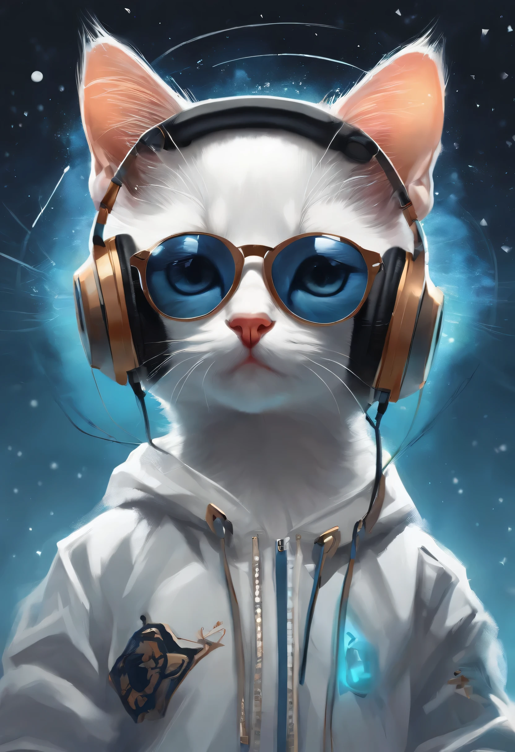 Perfect centering, A cute kitten all over, Wear a student jacket, Wearing sunglasses, Wearing headphones, Standing position, Abstract beauty, Centered, Looking at the camera, Facing the camera, nearing perfection, Dynamic, Moonlight, Highly detailed, Digital painting, art  stations, concept-art, smooth, Sharp focus, 8K, high definition resolution, illustration, Art by Carne Griffiths and Wadim Kashin, White background