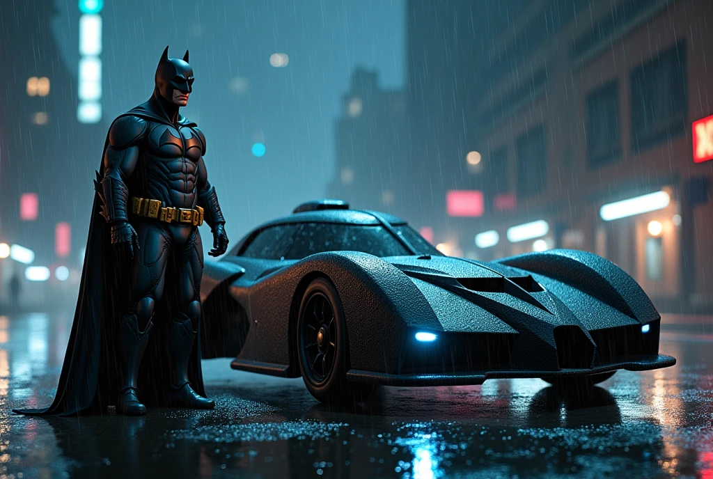 Create an image of Batman with speach bubble sayings "So you painted it Black", the tall, muscular superhero, in a dark, armored suit with a flowing cape, standing confidently next to the sleek, black Batmobile with sharp angles and glowing blue lights. Batman’s suit should feature intricate details, including a prominent chest emblem and utility belt. The scene is set at night in a gritty, rain-soaked urban environment, with towering, shadowy skyscrapers in the background. The wet street reflects the neon city lights, adding a dramatic effect. Rain is falling, creating a moody and tense atmosphere, with Batman appearing vigilant and ready for action.
